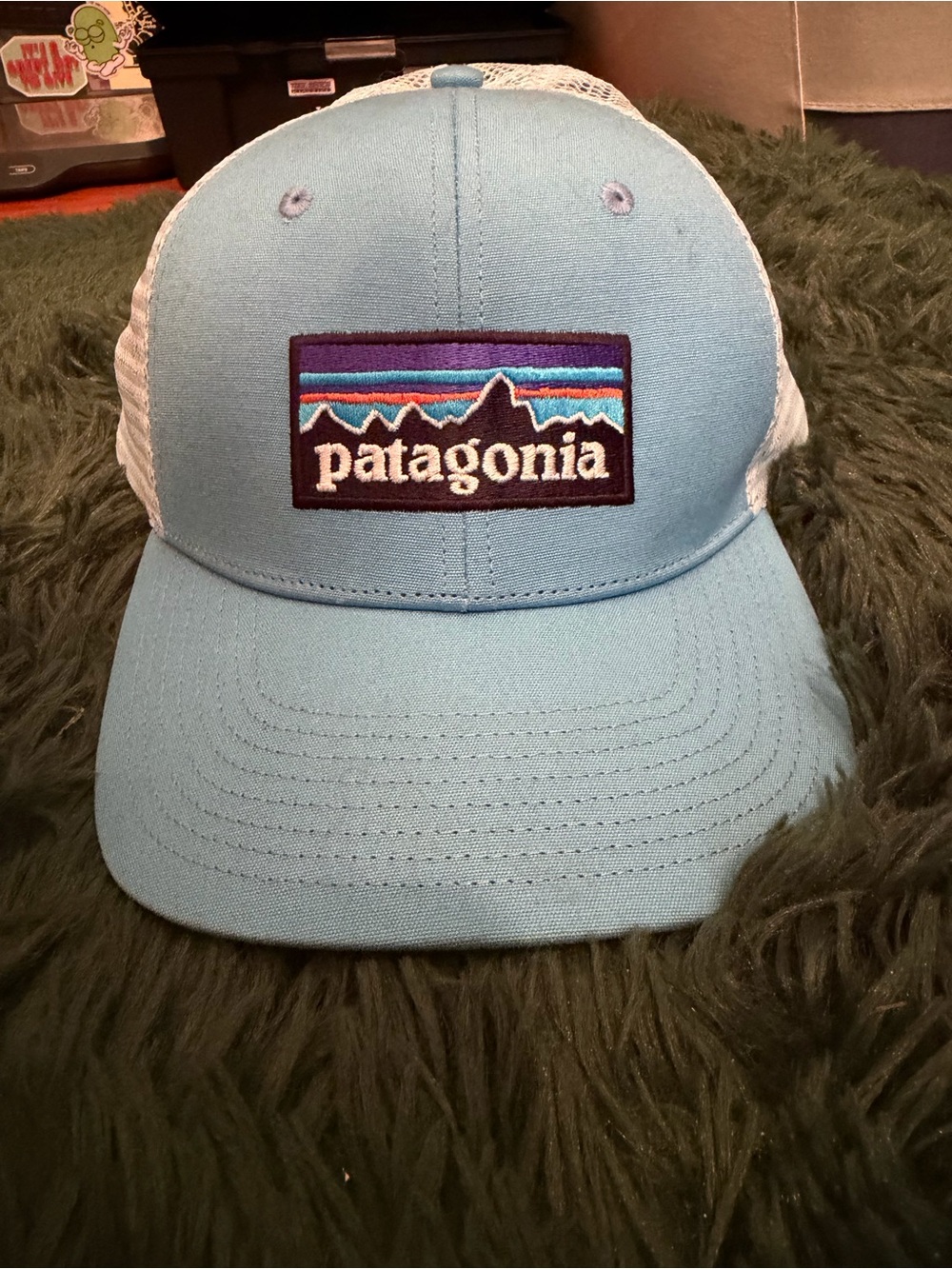 Patagonia Light Blue and White Mesh Trucker Hat with Multicolor Logo